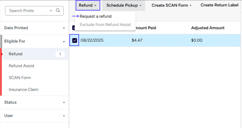 Stamps PC. History Tab. Boxes on a selected order and on the Refund button