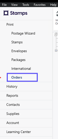Stamps PC. Box shows the Orders tab marked in the sidebar