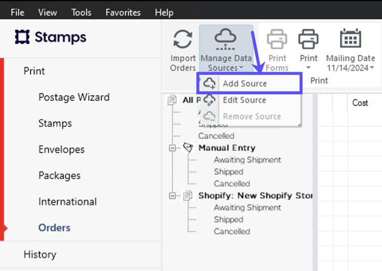 Print. Orders. Arrow from Manage Data Sources dropdown points to box on Add Source option