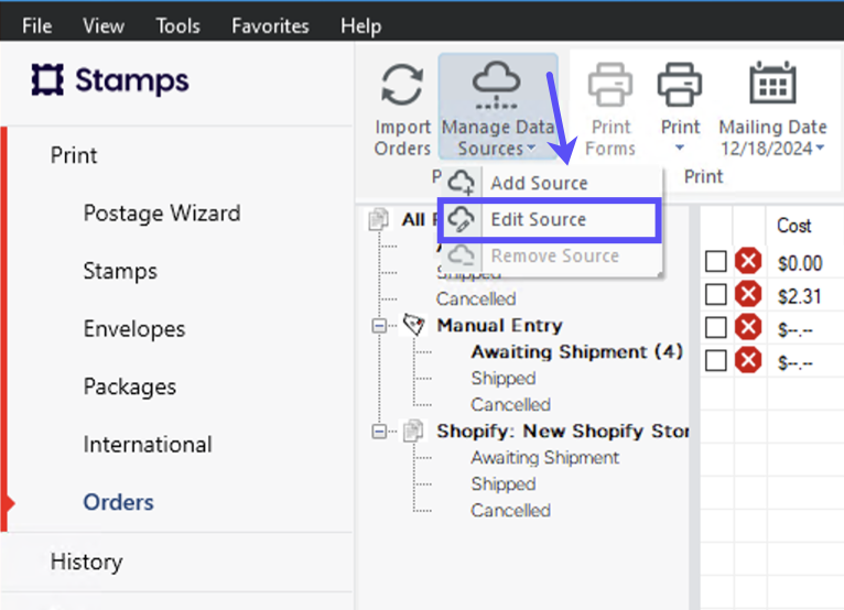 Print. Orders. An arrow from the Manage-Data-Sources dropdown points to the Edit-Source option