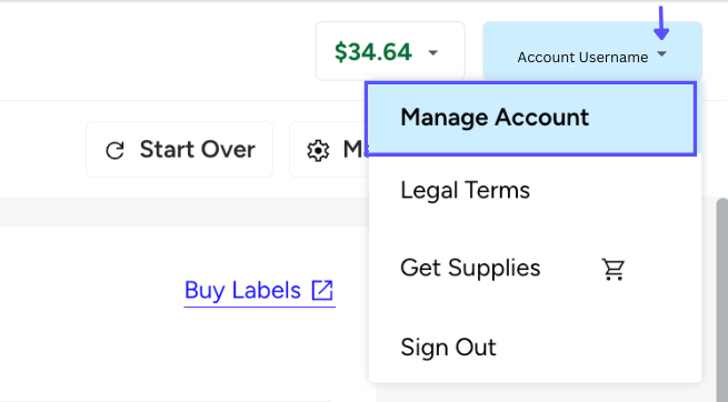 arrow points from Account-profile dropdown menu to box on Manage Account option