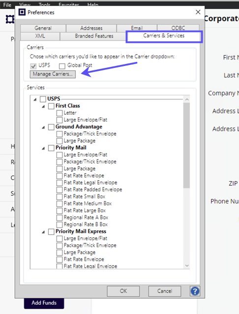Preferences popup. Box highlights Carriers & Services tab. Arrow to Manage Carriers button.