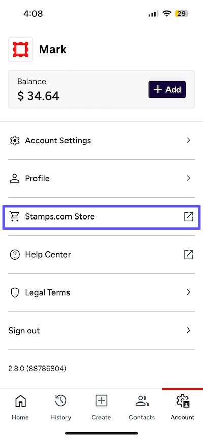 Stamps mobile app screen. An arrow points to the Stamps.com Store button.