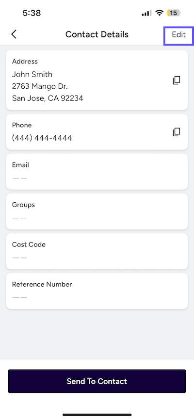 Contact-Details page. A box shows the Edit button marked