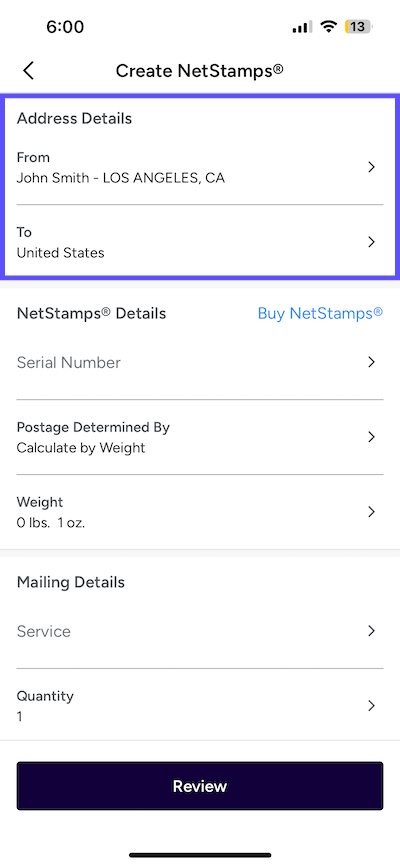 Create NetStamps page. Shows Address, NetStamp, and Mailing Details + Review Button
