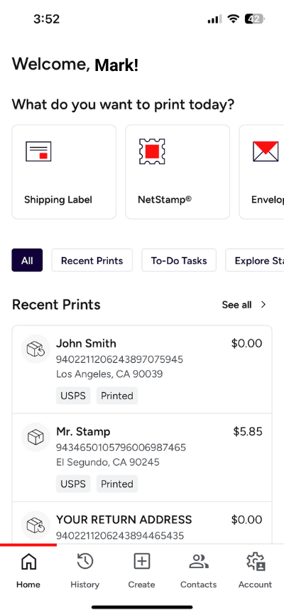 Stamps mobile History page, as seen upon the first login.