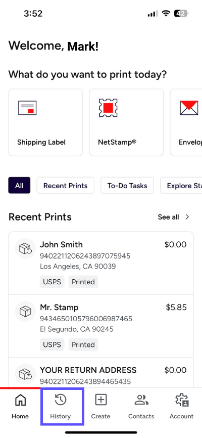 Mobile app History screen with arrow pointing to History option in the navigation section