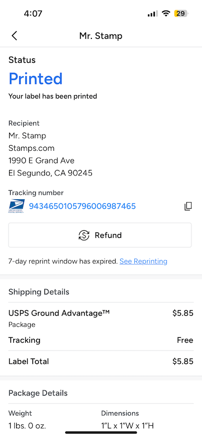 Stamps mobile: Prunt history page. Shows shipping, sender, and package details for a printed label