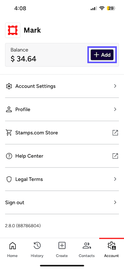 Stamps Mobile account page. Arrow points to value and plus sign by account Balance