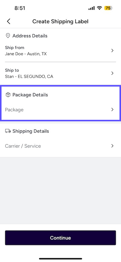 Stamps mobile create-a-label process. Shows the Package Details icon