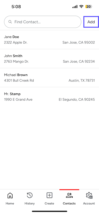 Contacts tab in Stamps mobile. The Add button to add a new contact is shown marked