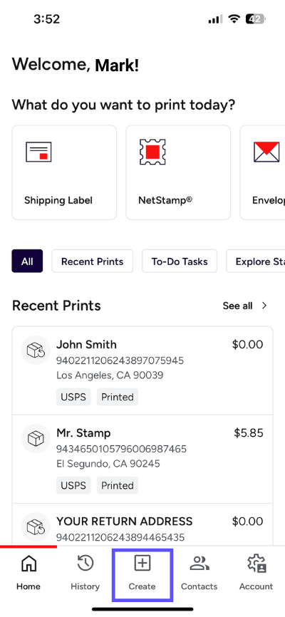 Stamps Mobile app. An arrow points to the Create button