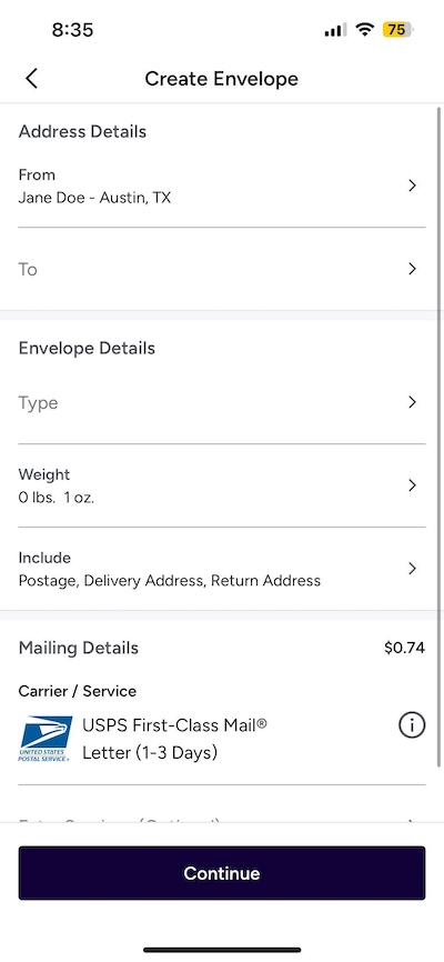 Stamps Mobile. Create Envelope. Add Address page.