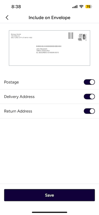 Stamps mobile: Include on Envelope preview. Postage, Delivery and Return Addresses enabled to display