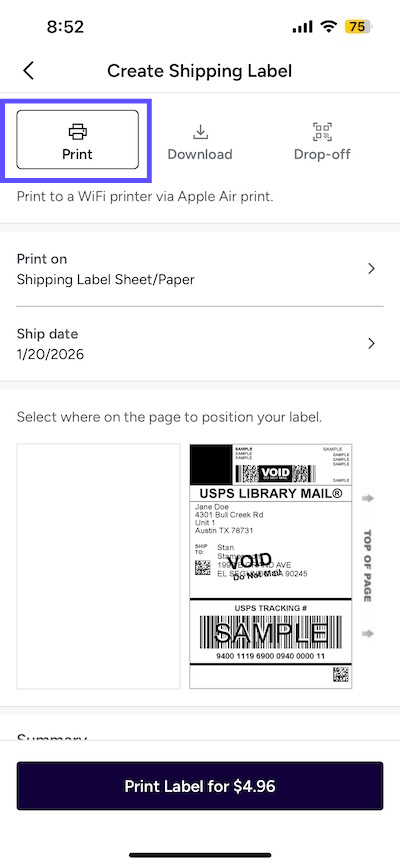 Stamps Mobile app. Create Label Options. Box highlights Print option.