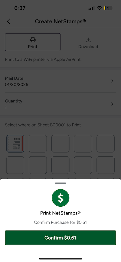 Stamp Amount drawer. Shows an amount + the Confirm Amount button