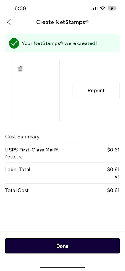 Create NetStamps. Success message, sheet preview, + Reprint button