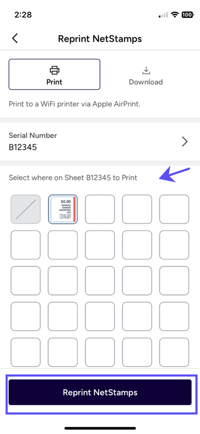Reprint-NetStamps popup. Sheet-Location-to-Print field & Reprint-Netstamps button shown marked