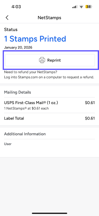 Reprint-NetStamps. Reprint button is shown marked.