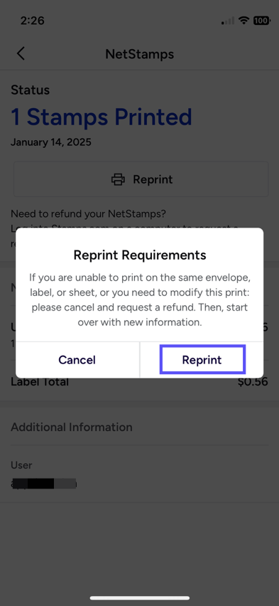 Reprint-Requirements popup. The Reprint button is shown marked