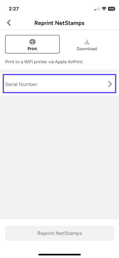 Reprint-NetStamps popup. Serial-Number field is shown marked.