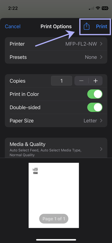 Print-Options popup. Printer options menu & Print button shown marked