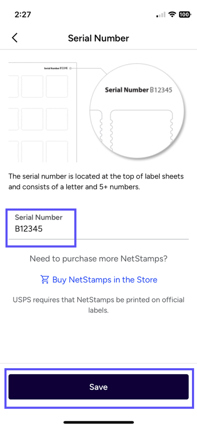 Serial-Number popup. The Serial-Number field and Save button are shown marked.