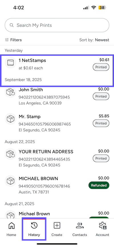 Stamps Mobile. History tab. NetStamps print shown marked