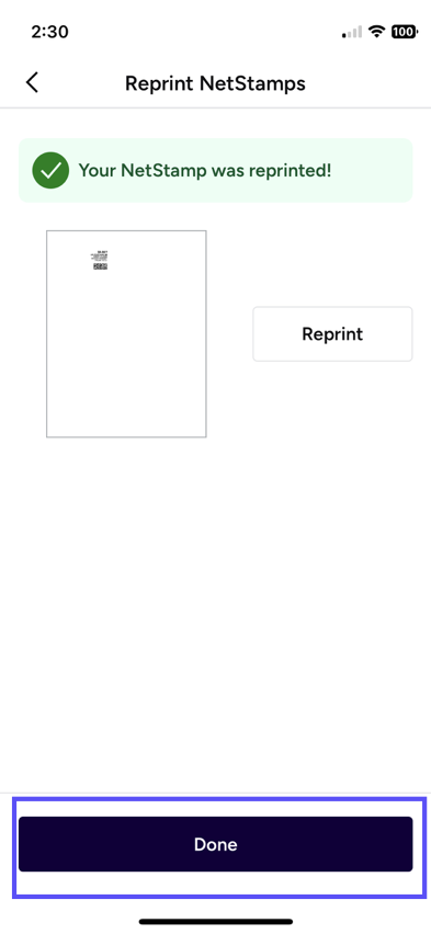 Reprint-NetStamps popup. The Done button is shown marked