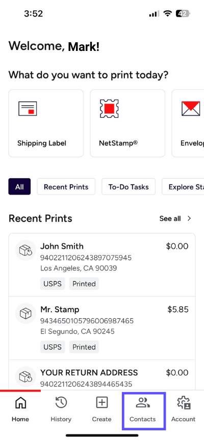 Stamps.com mobile app with arrow pointing to the Contacts option in the Navigation section