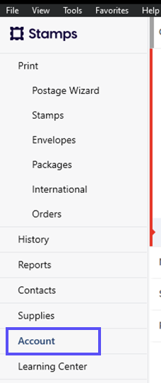 Stamps PC. Box shows the Account tab marked in the sidebar