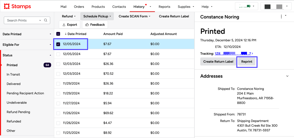 History tab. Boxes highlight the Order selected and the Reprint button