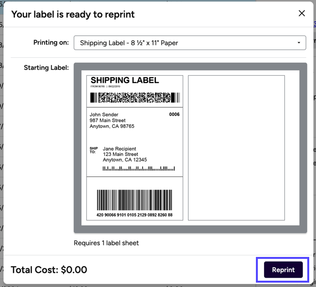 Reprint Label popup. A box highlights the Reprint button.