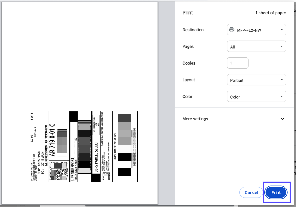 Reprint Label. Print preview popup. A box highlights the print button