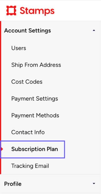 Stamps web. Account Settings tab. Box on Subscription Plan in side navigation