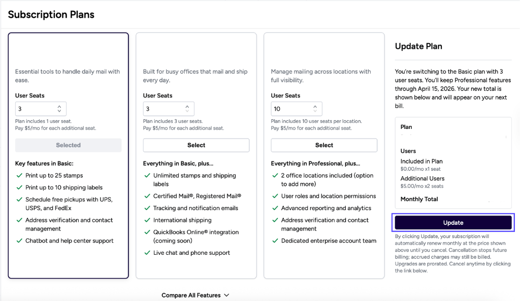 Profile. Subscription Plan. Arrows point to Select Plan buttons to upgrade plan.