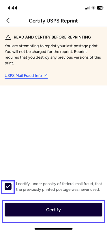 Certify-USPS-Reprint popup. Checkbox checked and Certify button highlighted