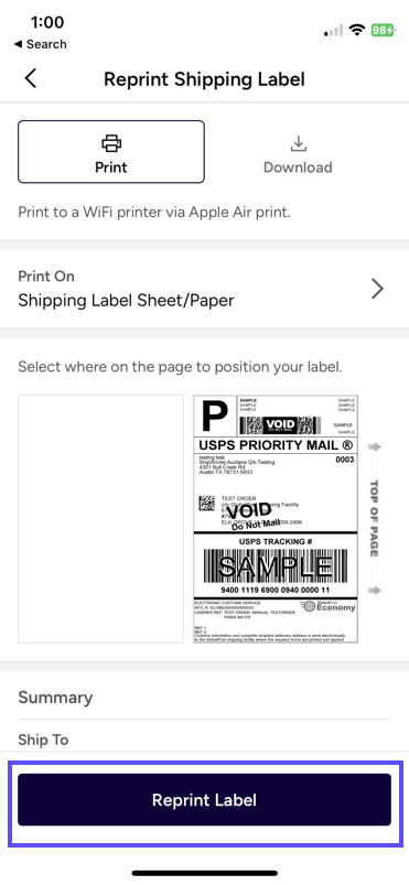 A box shows the ­Reprint-Label button