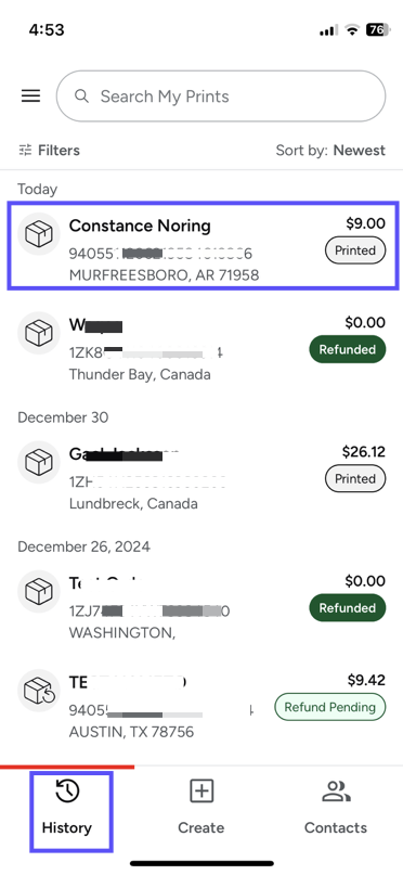 Stamps Mobiler. Boxes show the History tab and a selected label.