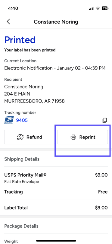 Stamps mobile. HISTORY tab. A box shows the reprint button for the selected label.
