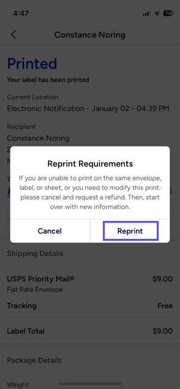Reprint-Requirements popup. A box highlights the Reprint button