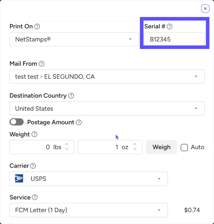 A Box highlights the Serial Number field for NetStamps.