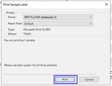 Print Sample Label popup, Box highlights the Print button