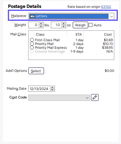print Envelopes. ­Postage-Details. A box shows Mailpiece dropdown with Letters chosen.