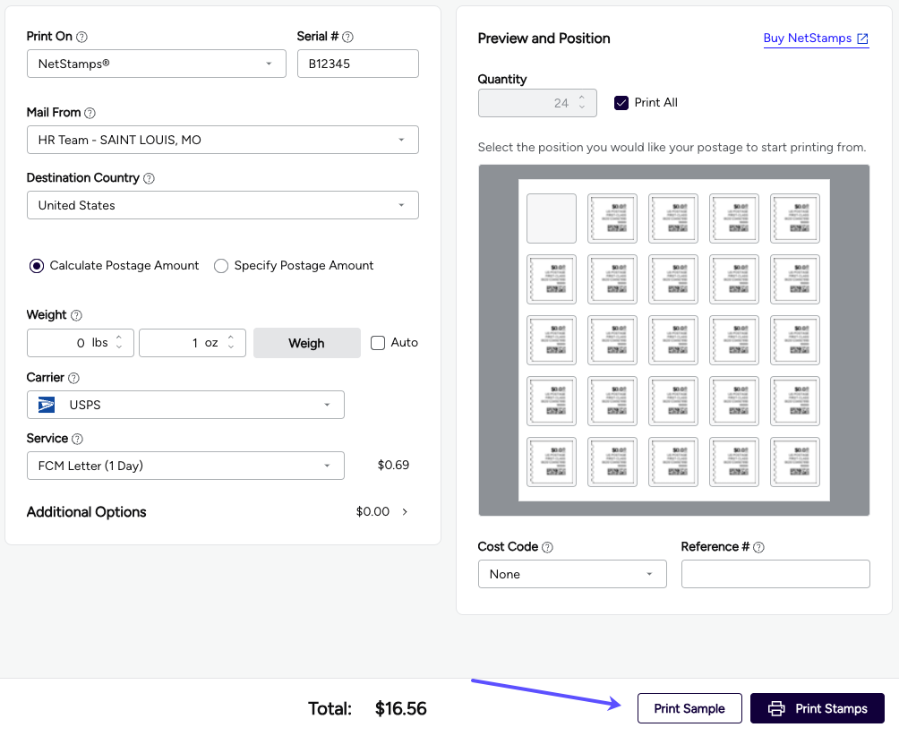 An arrow points to the Print Sample button.