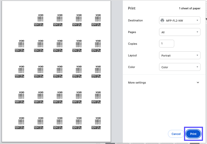 The Print Sample popup. Box highlights the Print button