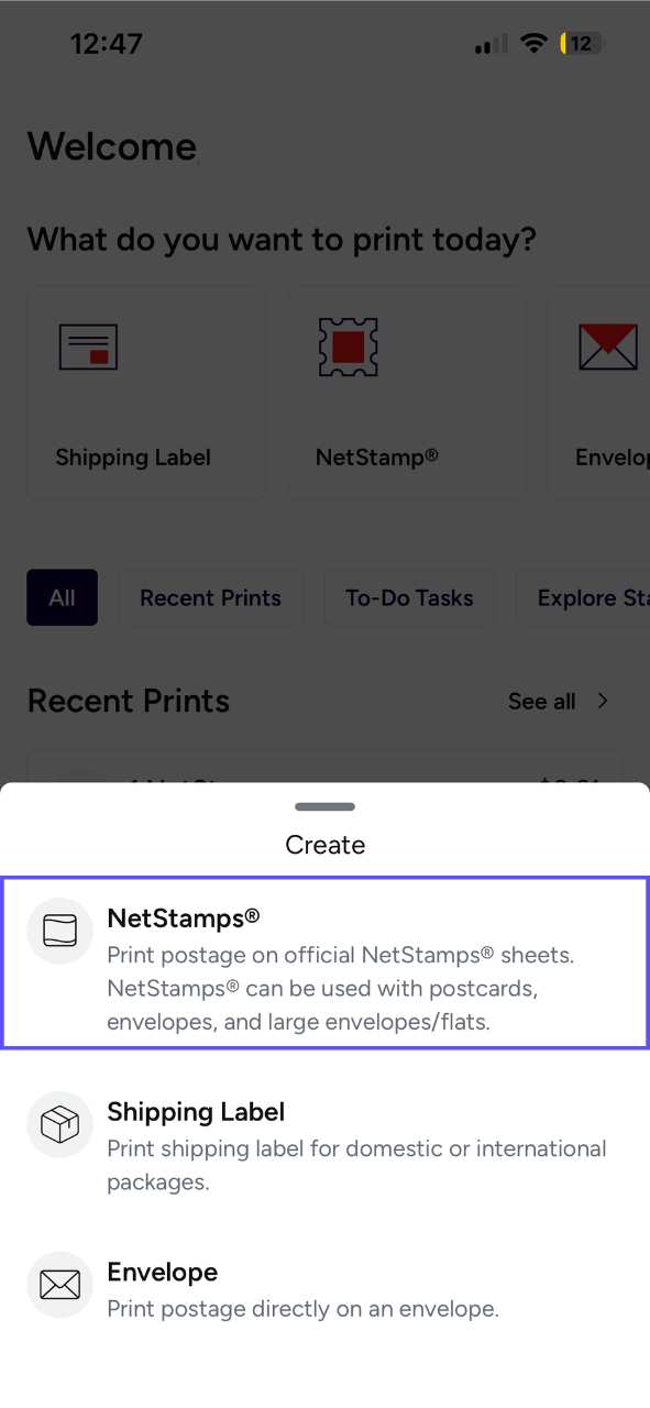 Stamps mobile. Drawer of Create options: NetStamps, Shipping Label, Envelope