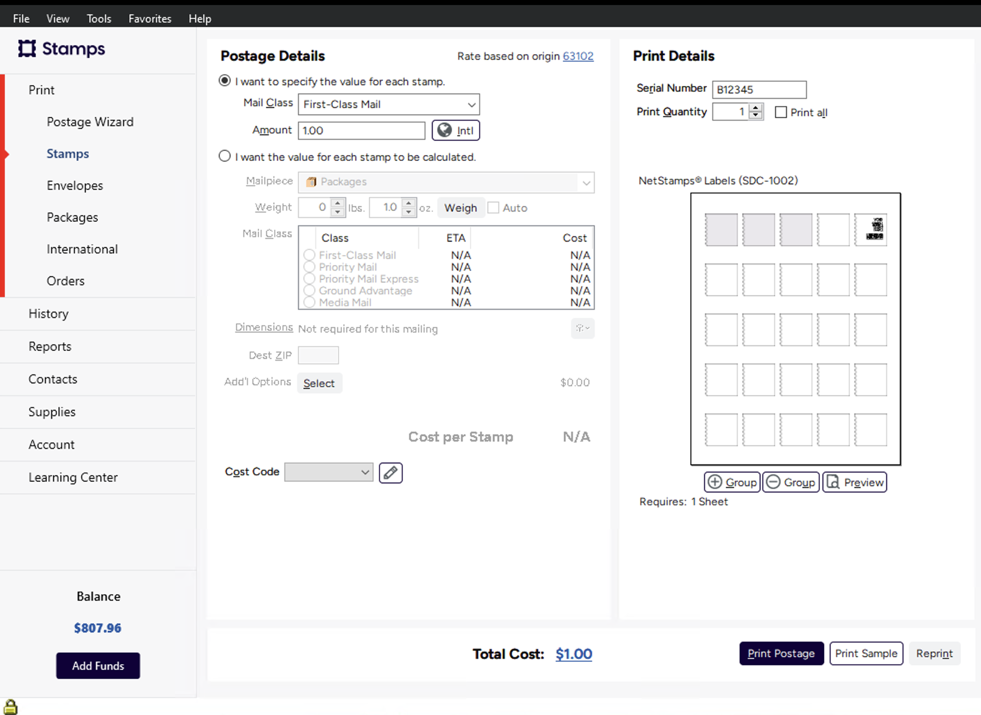 Postage Details. NetStamp Sheet Sample