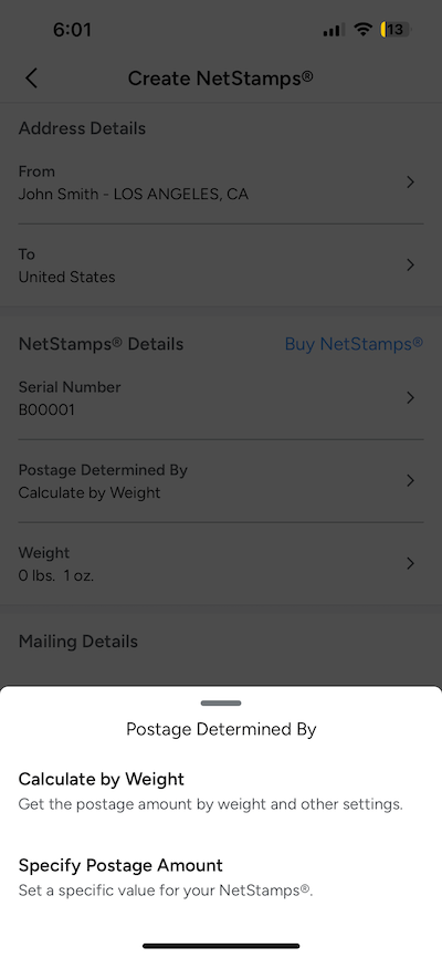Stamps mobile. Options Drawer for page: Postage determined by. 1. Calculate by Weight or 2. Specify Postage Amount