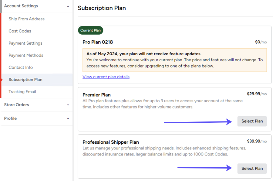 Arrows point to Select Plan buttons for the different plan options